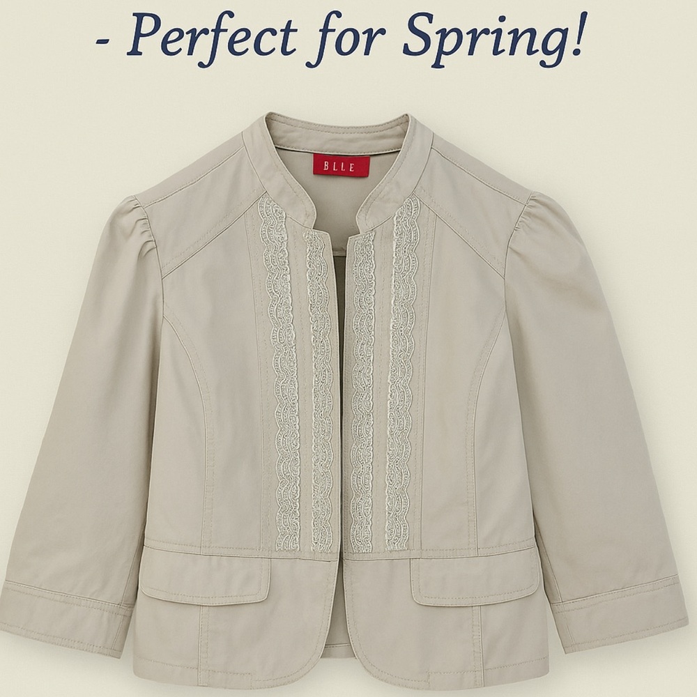 ELLE Beige Jacket with Lace Trim – Size M 100% cotton